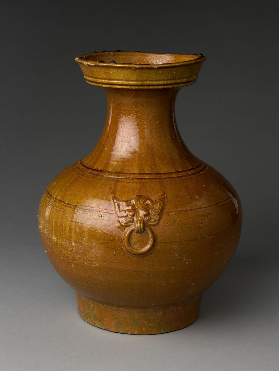 Jar in Shape of Archaic Bronze Vessel (Hu), Earthenware with incised decoration under amber glaze, China