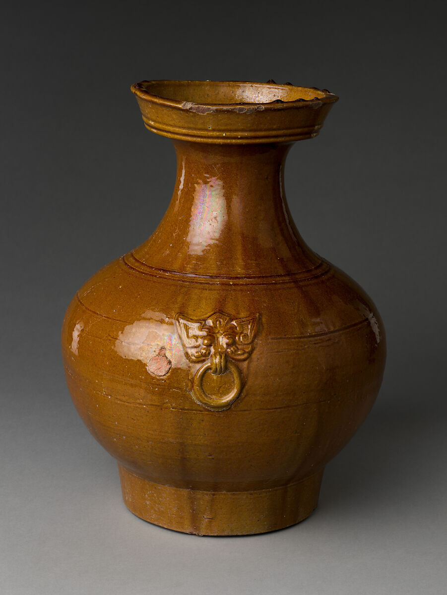 Jar in Shape of Archaic Bronze Vessel (Hu), Earthenware with incised decoration under amber glaze, China