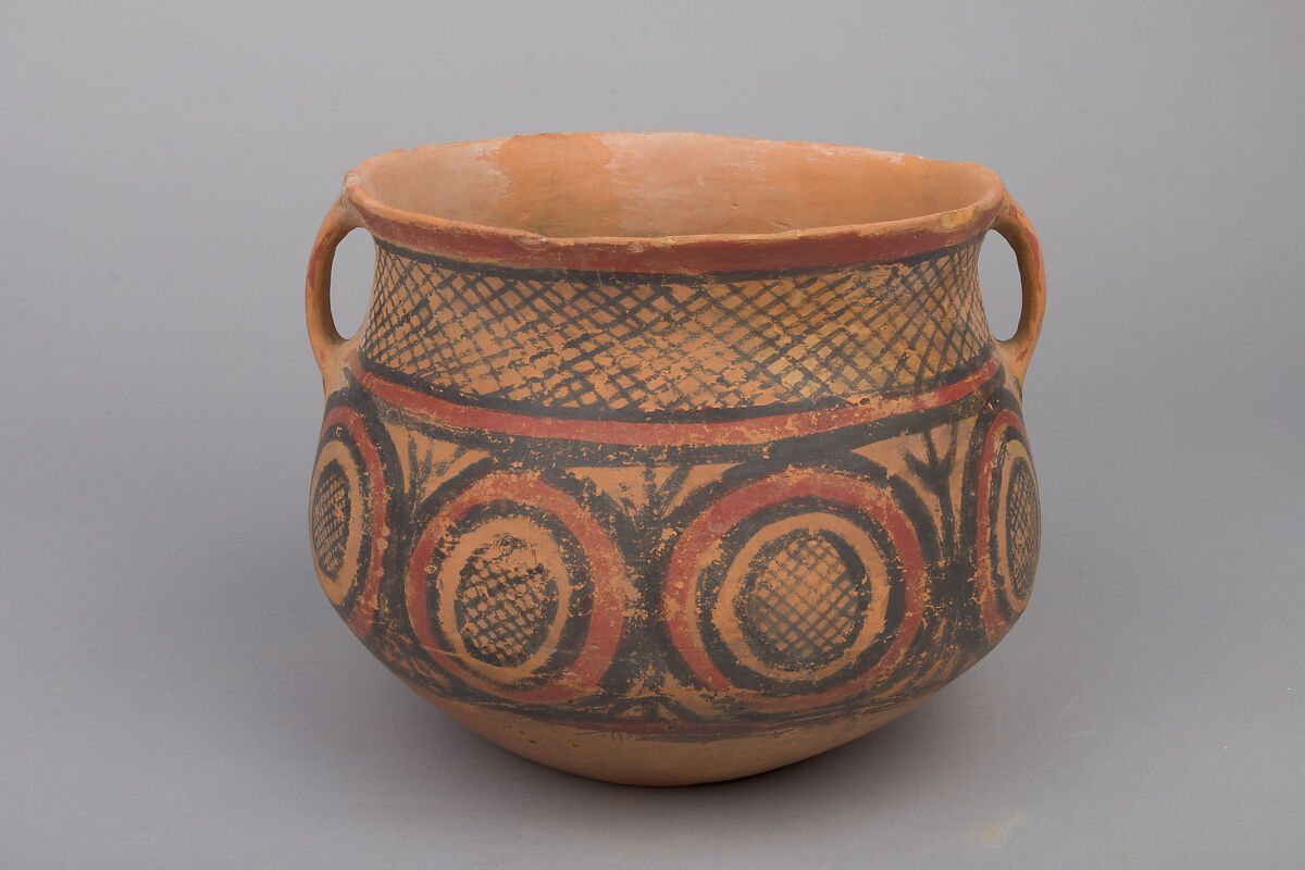 Jar with Spiral Decoration and Cross Hatching, Earthenware with pigment, China 