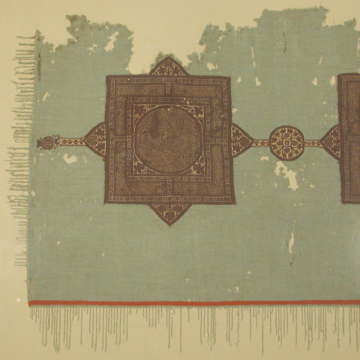 Fragment of a Cover with Geometric and Interlace Decoration, Wool, linen; plain weave, tapestry weave
