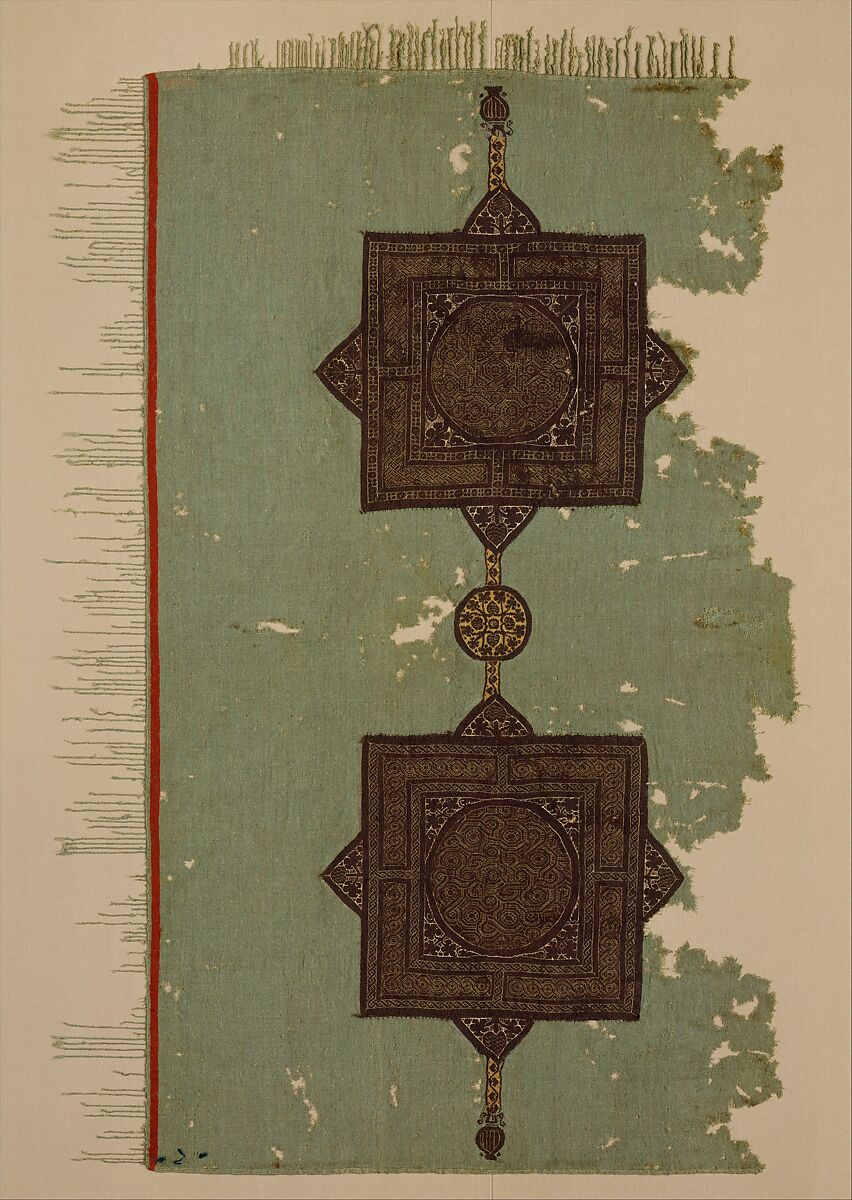 Fragment of a Cover with Geometric and Interlace Decoration, Wool, linen; plain weave, tapestry weave