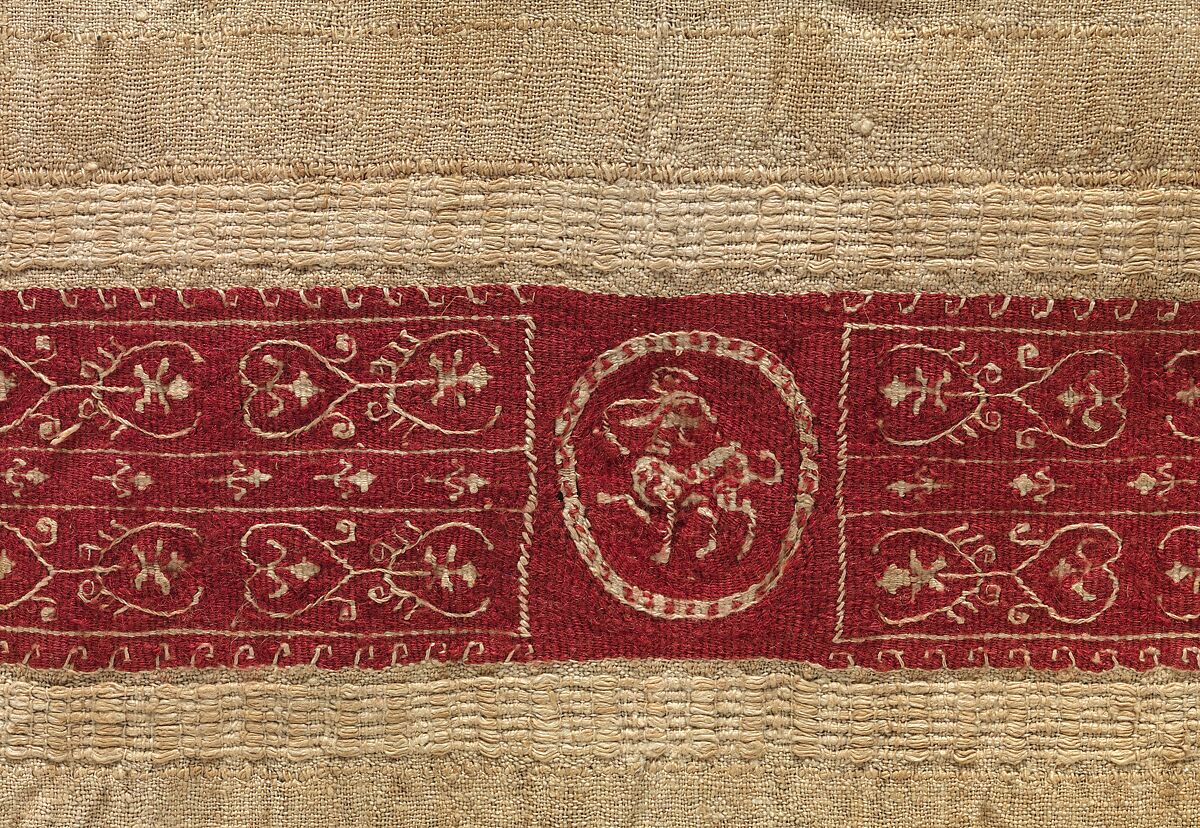 Sleeve Fragment with a Band Decorated with an Animal, Tapestry weave in red wool (dyed with madder) and undyed linen on plain-weave ground of undyed linen; details in flying shuttle in undyed linen; weft loop pile with undyed linen