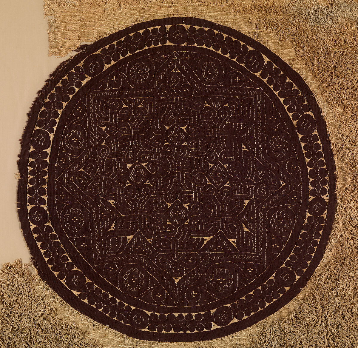 Fragment of a Cover or Blanket with Interlace Roundel and Stripes, Linen, wool