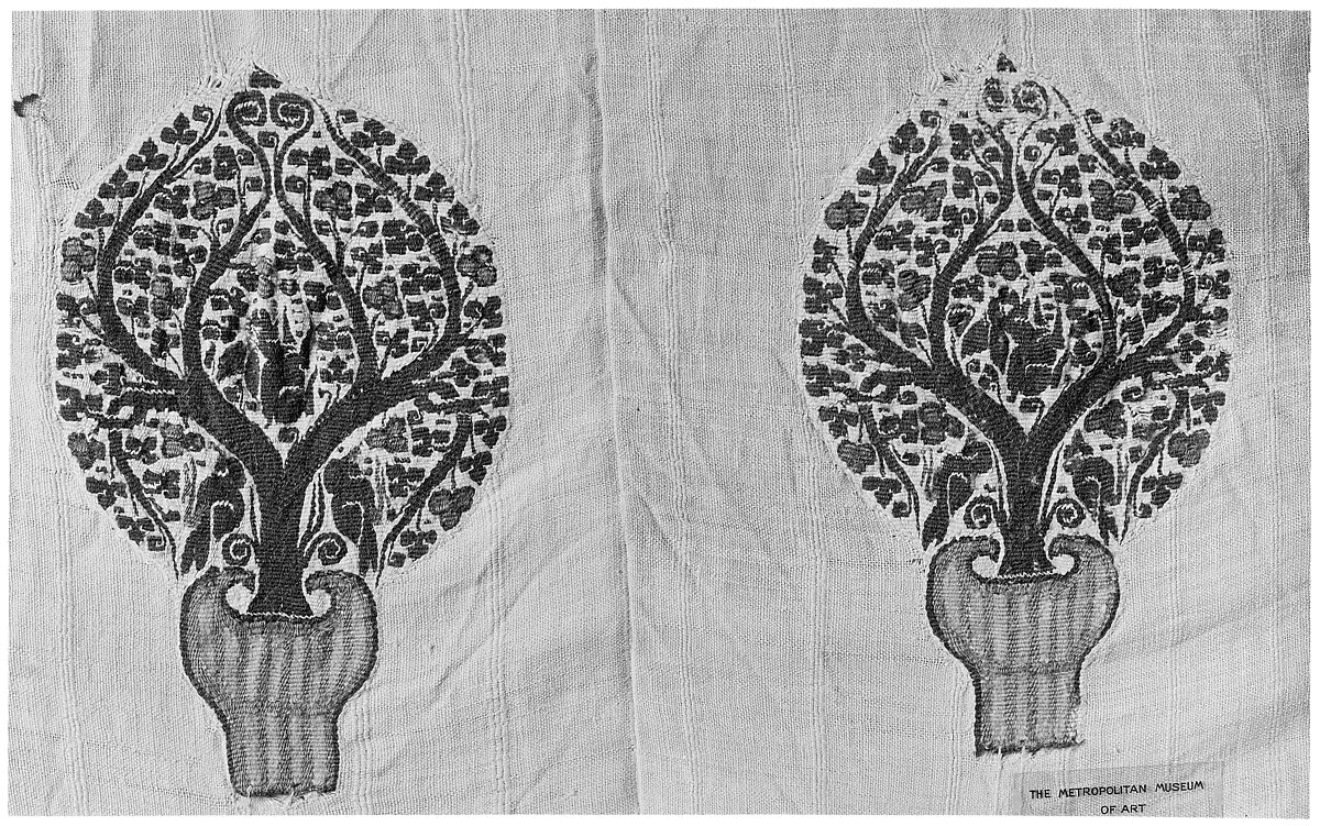 Large Cover with Four Trees of Life Inhabited by Rabbits and Birds, Linen, wool