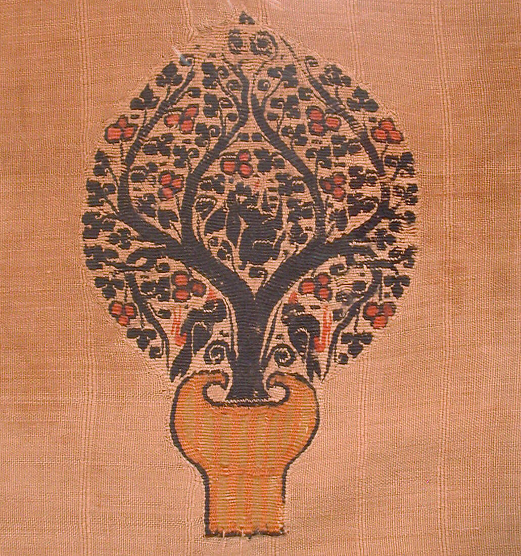 Large Cover with Four Trees of Life Inhabited by Rabbits and Birds, Linen, wool