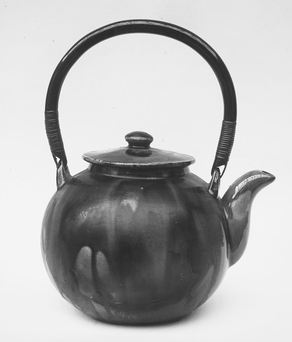 Teapot, Clay covered with glaze, black and yellow with green touches (Satsuma Bekko de), Japan 