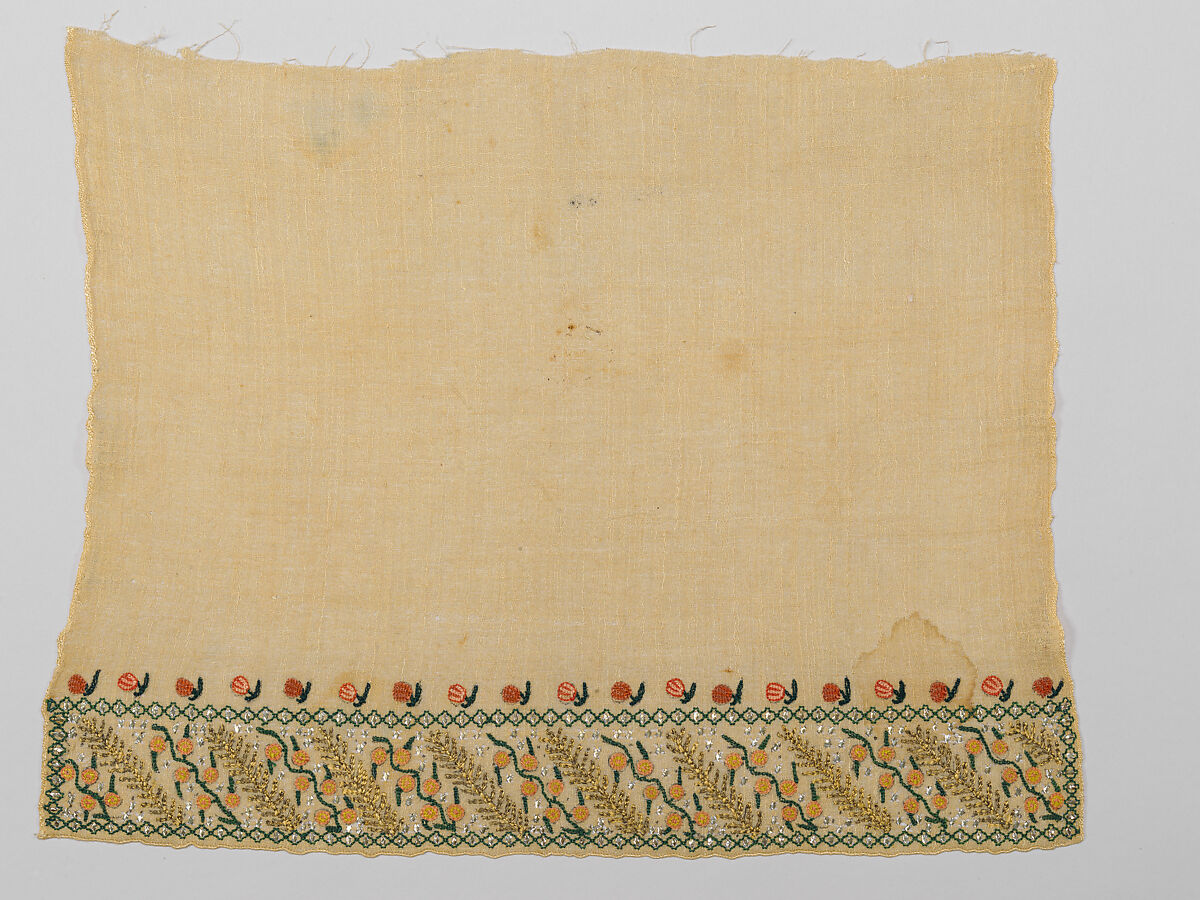 Towel, Linen; embroidered in tinsel, silk, and silver-gilt thread