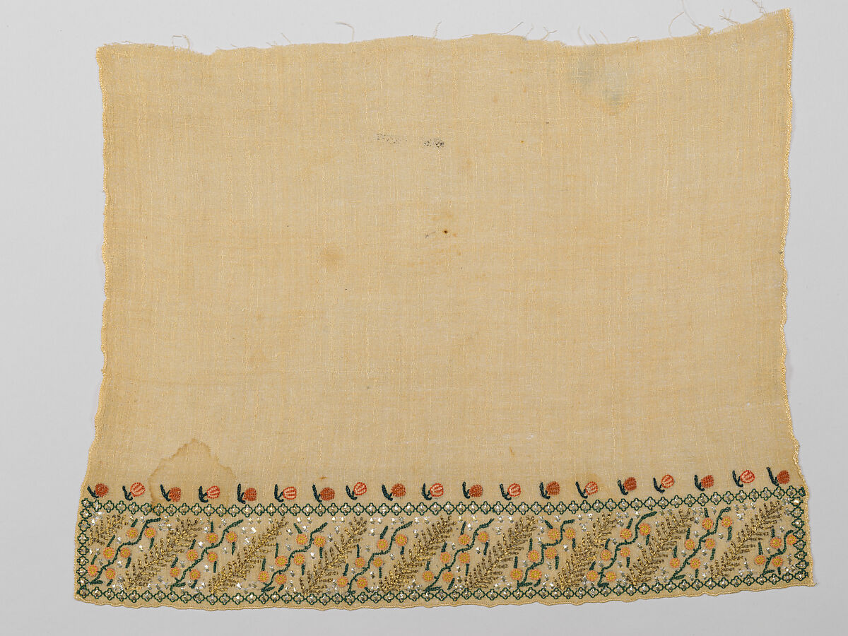 Towel, Linen; embroidered in tinsel, silk, and silver-gilt thread 