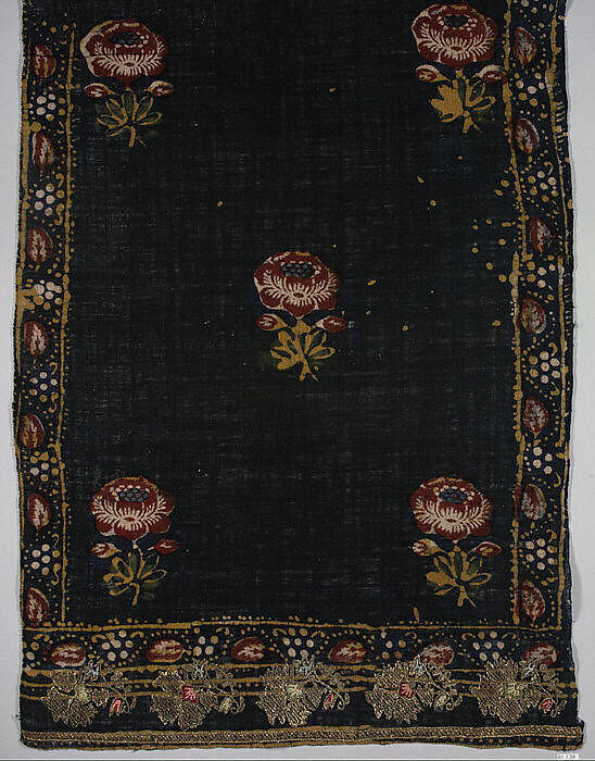 Veil, Gauze; printed, end borders embroidered in gold thread 