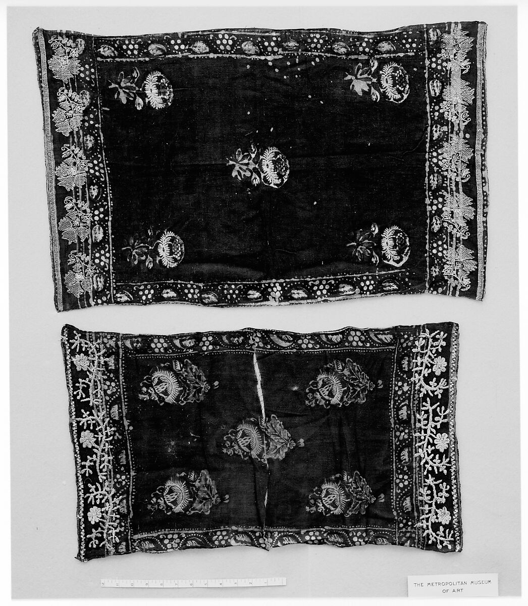 Veil, Gauze; printed, end borders embroidered in gold thread