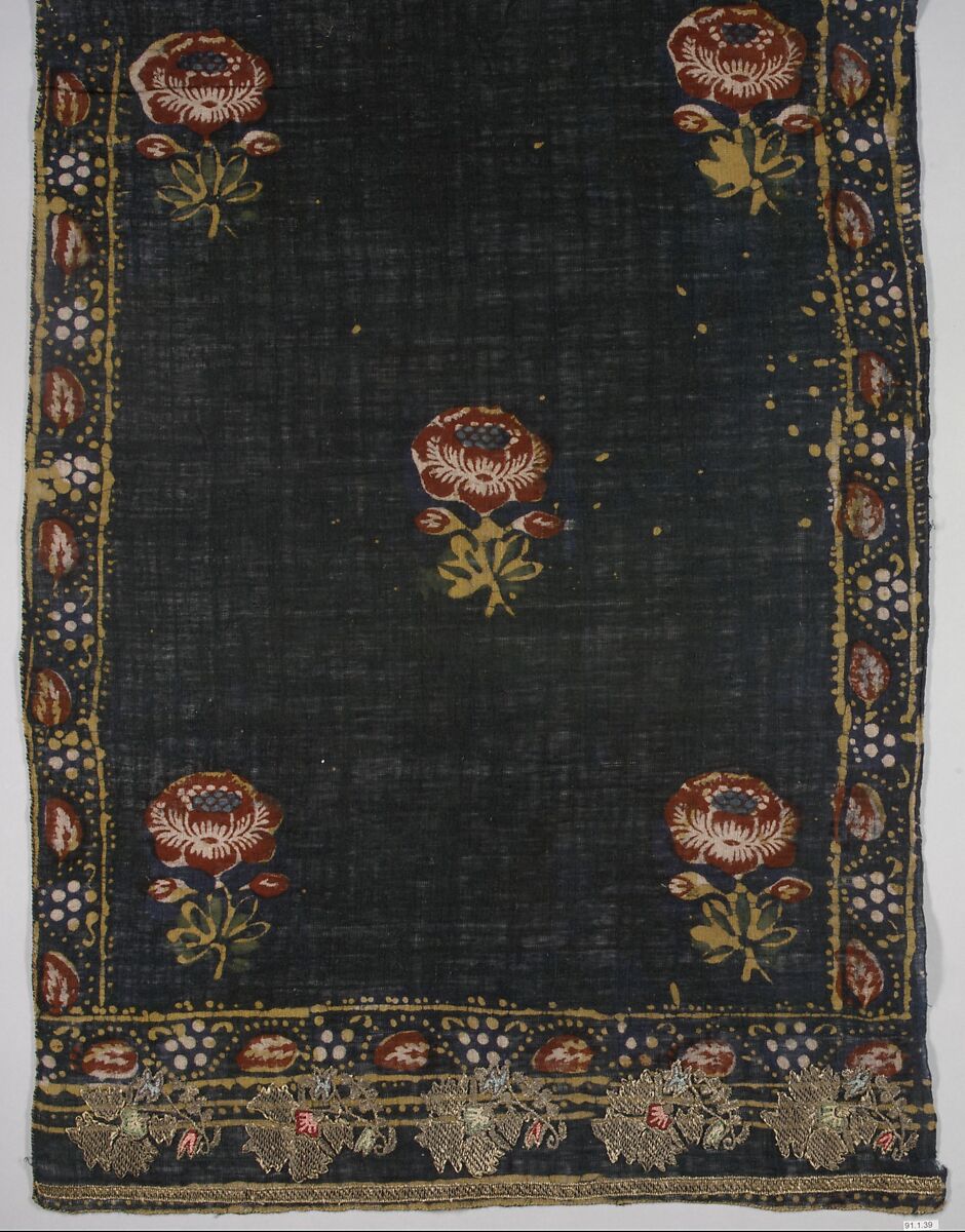 Veil, Gauze; printed, end borders embroidered in gold thread