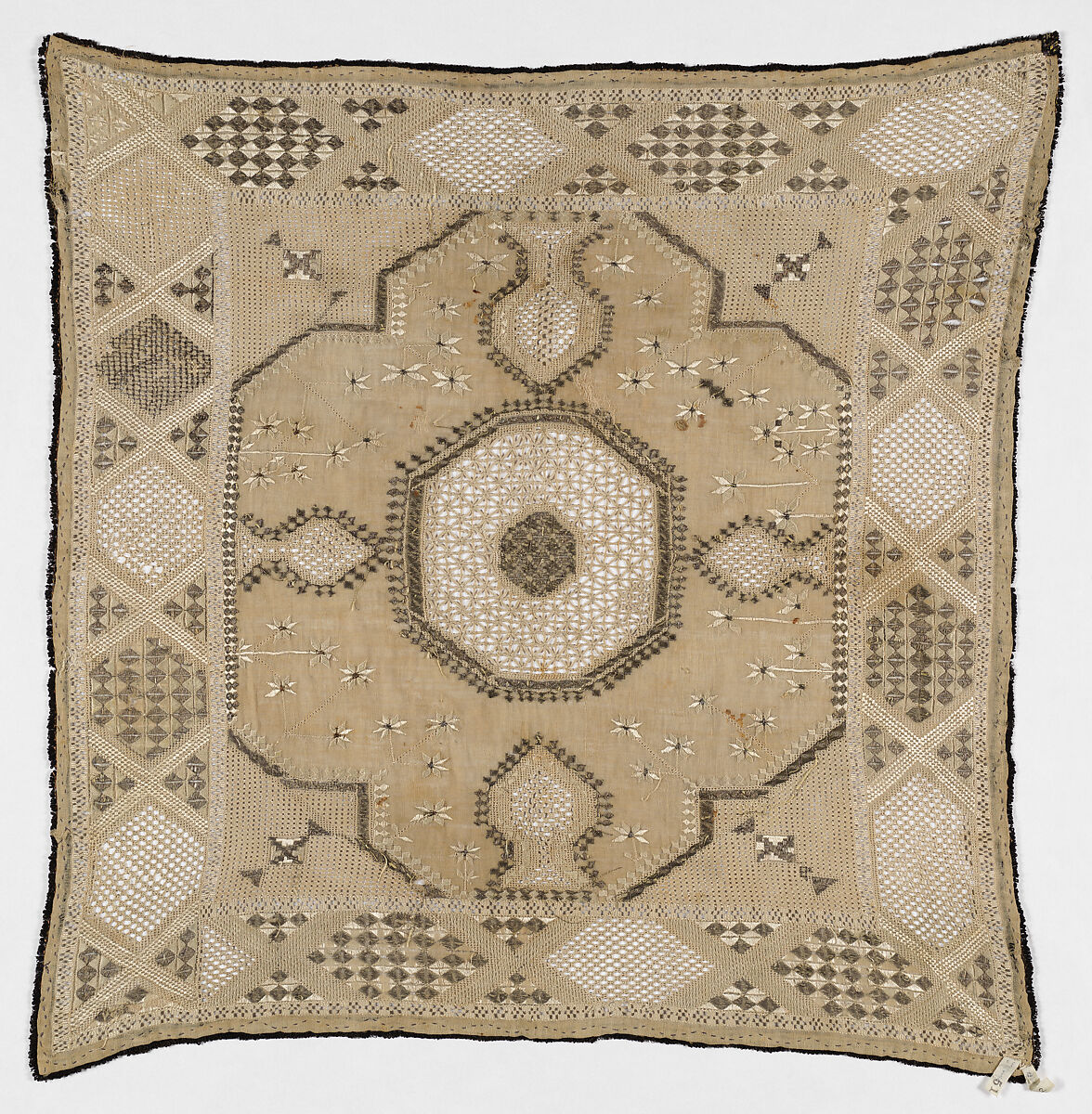 Cover, Cotton; embroidered with silk and metal-wrapped thread