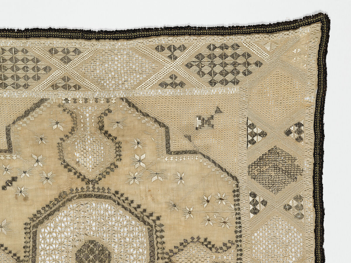 Cover, Cotton; embroidered with silk and metal-wrapped thread