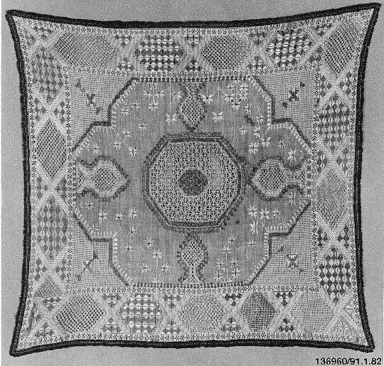 Cover, Cotton; embroidered with silk and metal-wrapped thread