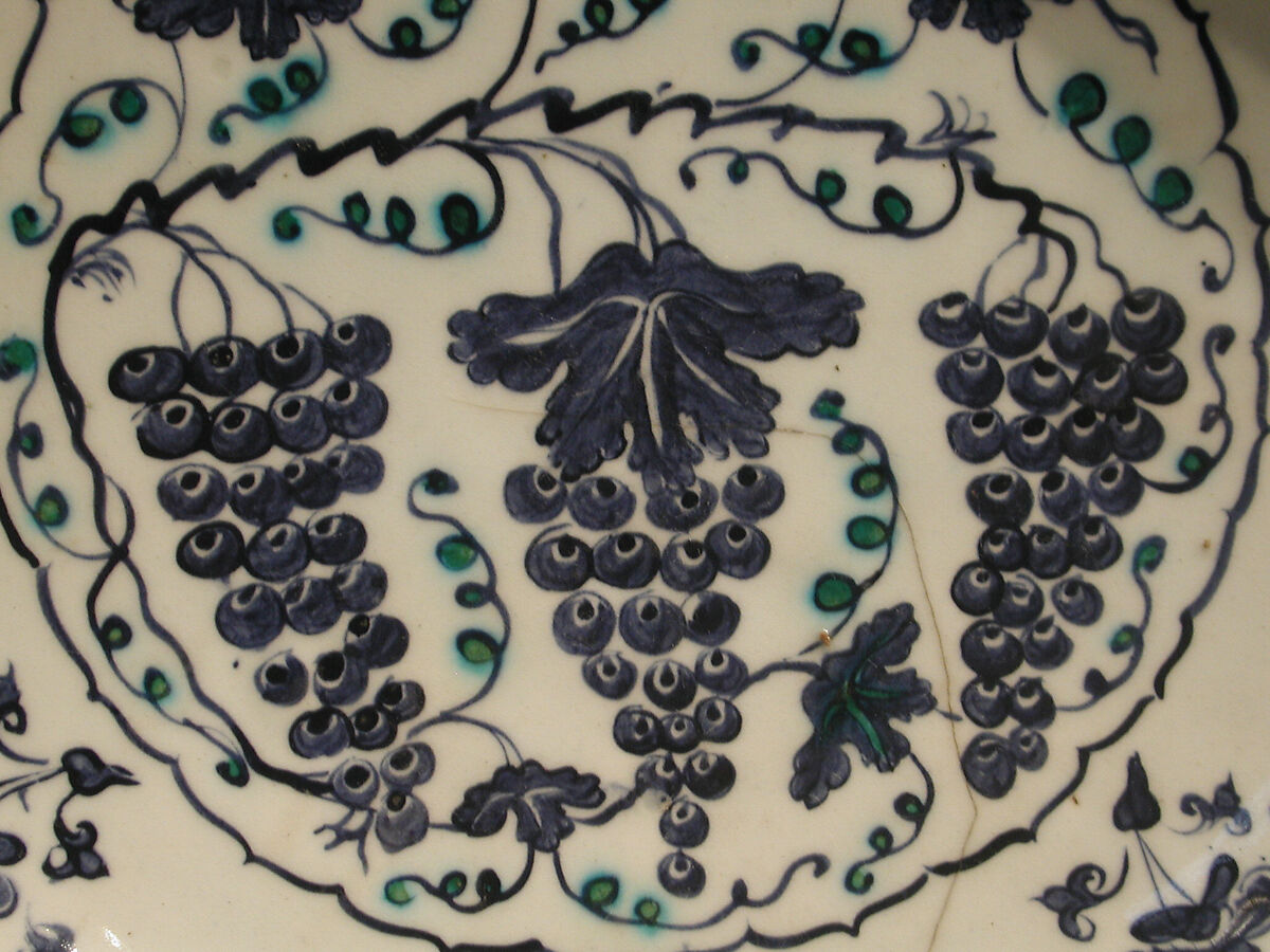 Plate with Grapes, Stonepaste; polychrome painted under transparent glaze