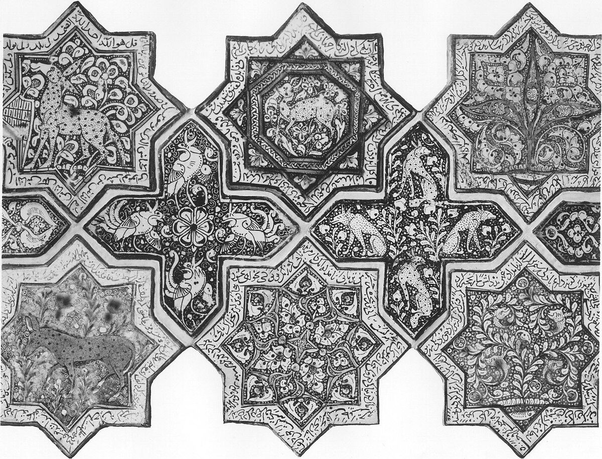 Eight-Pointed Star-Shaped Tile, Stonepaste; inglaze painted in blue, luster-painted on opaque white glaze