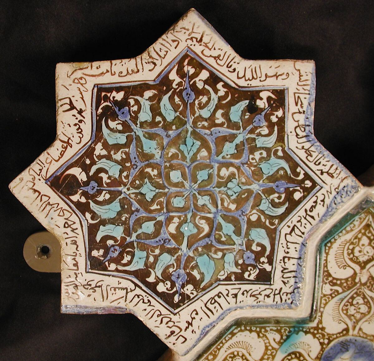 Eight-Pointed Star-Shaped Tile, Stonepaste; inglaze painted in blue, luster-painted on opaque white glaze