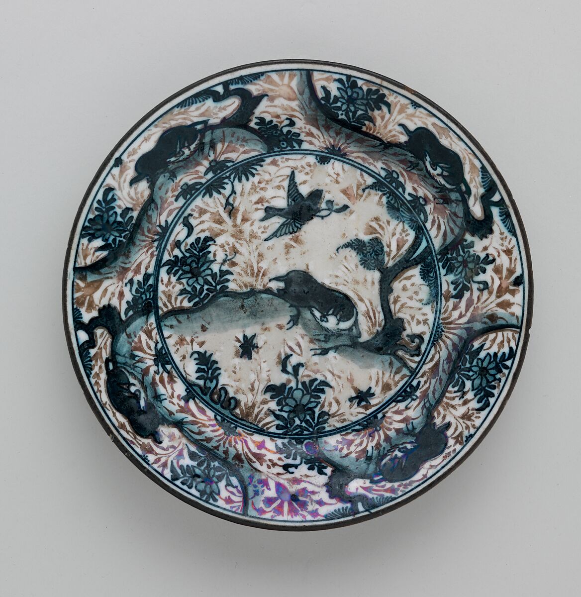 Plate Depicting Birds and Animals, Stonepaste; painted under transparent glaze 
