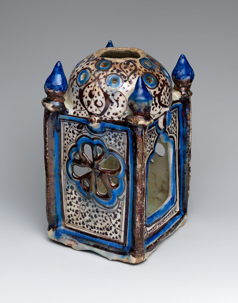 Ceramic Lantern, Stonepaste; underglaze-painted in blue, luster-painted on transparent glaze