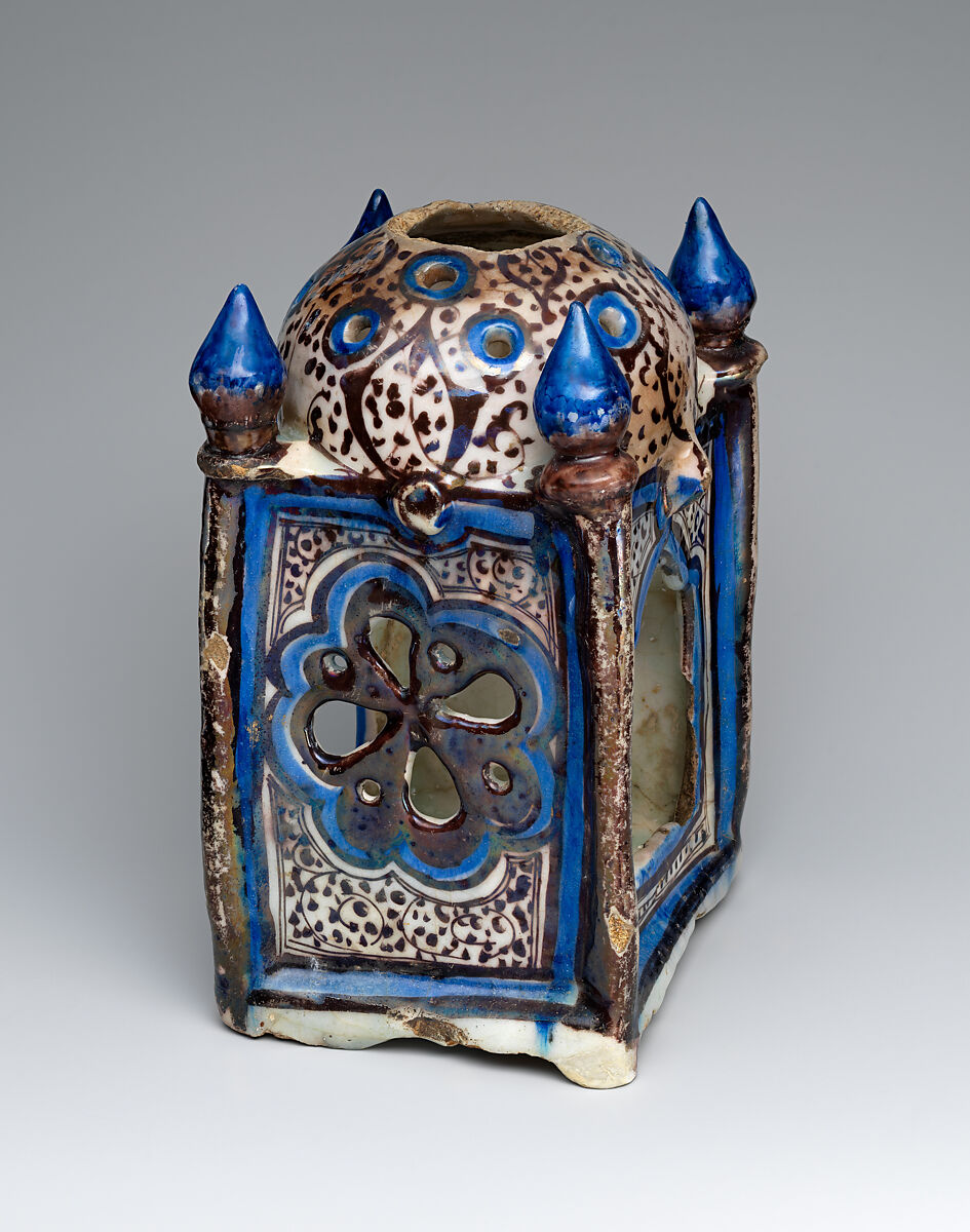 Ceramic Lantern, Stonepaste; underglaze-painted in blue, luster-painted on transparent glaze