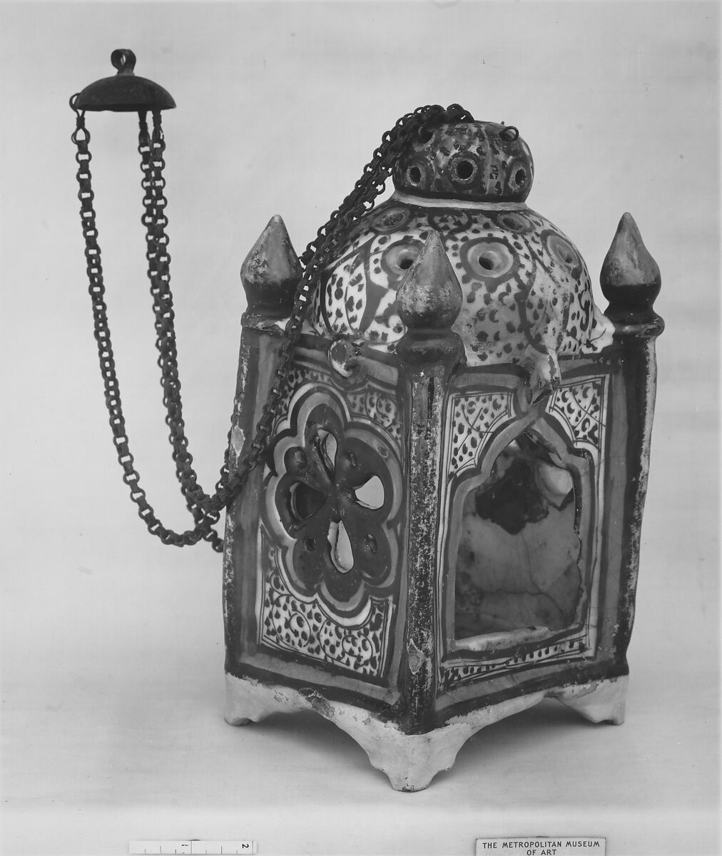 Ceramic Lantern, Stonepaste; underglaze-painted in blue, luster-painted on transparent glaze