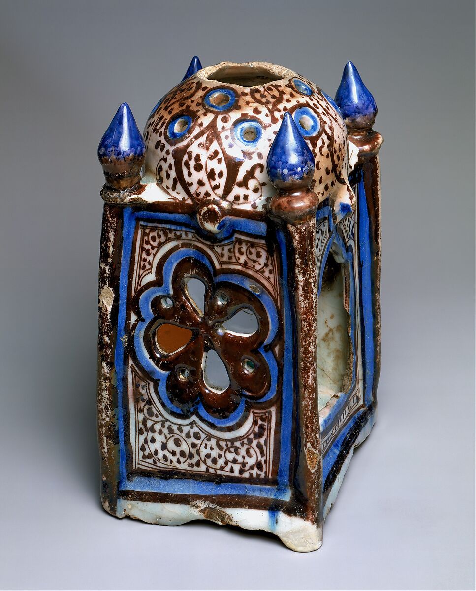 Ceramic Lantern, Stonepaste; underglaze-painted in blue, luster-painted on transparent glaze 