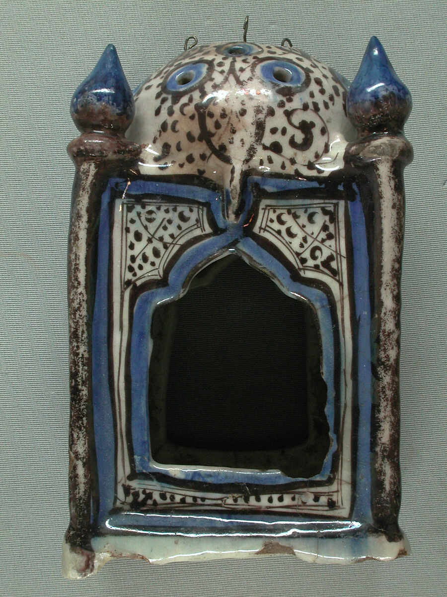 Ceramic Lantern, Stonepaste; underglaze-painted in blue, luster-painted on transparent glaze