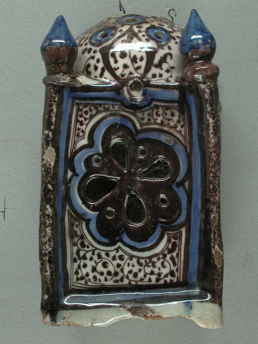 Ceramic Lantern, Stonepaste; underglaze-painted in blue, luster-painted on transparent glaze