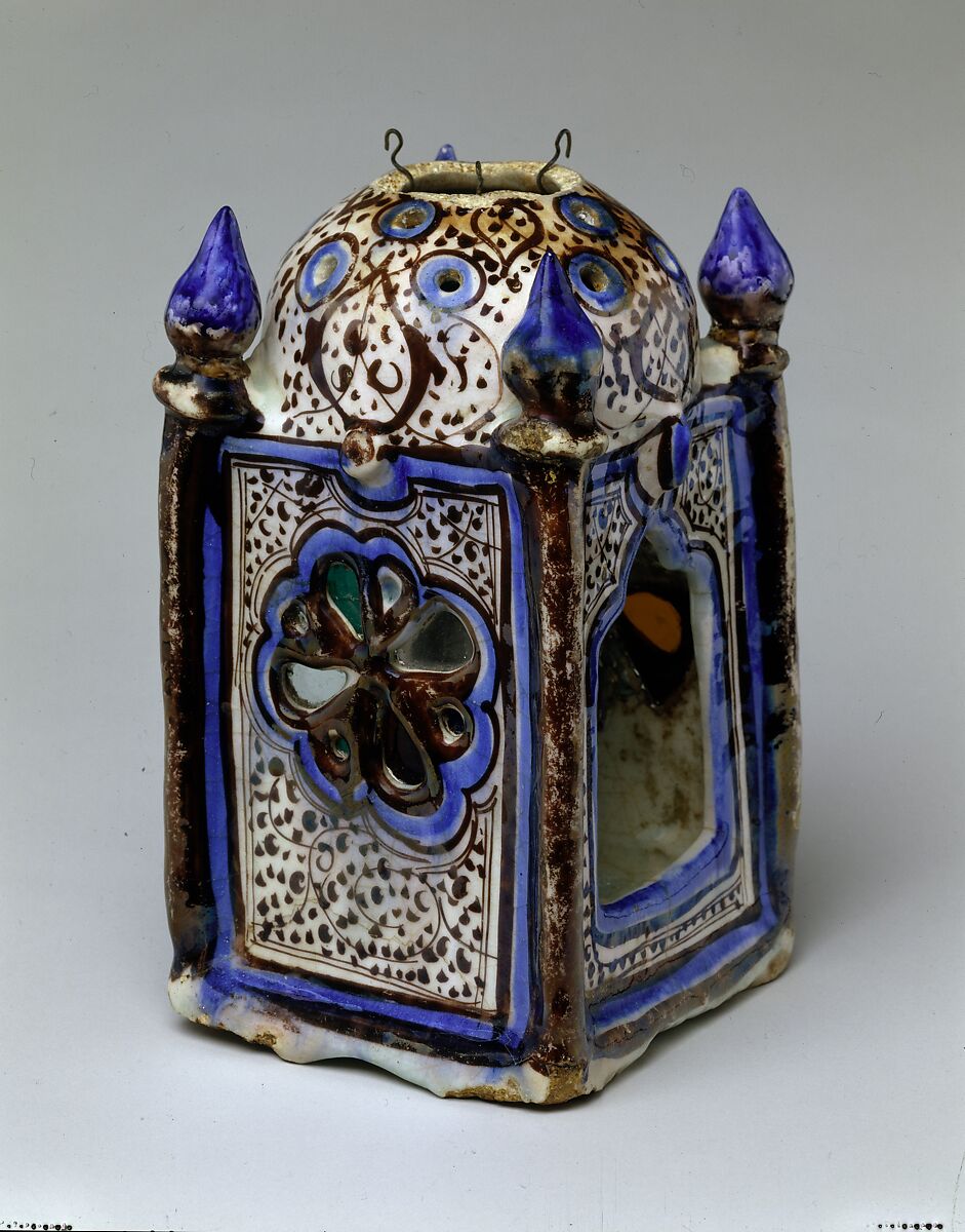 Ceramic Lantern, Stonepaste; underglaze-painted in blue, luster-painted on transparent glaze