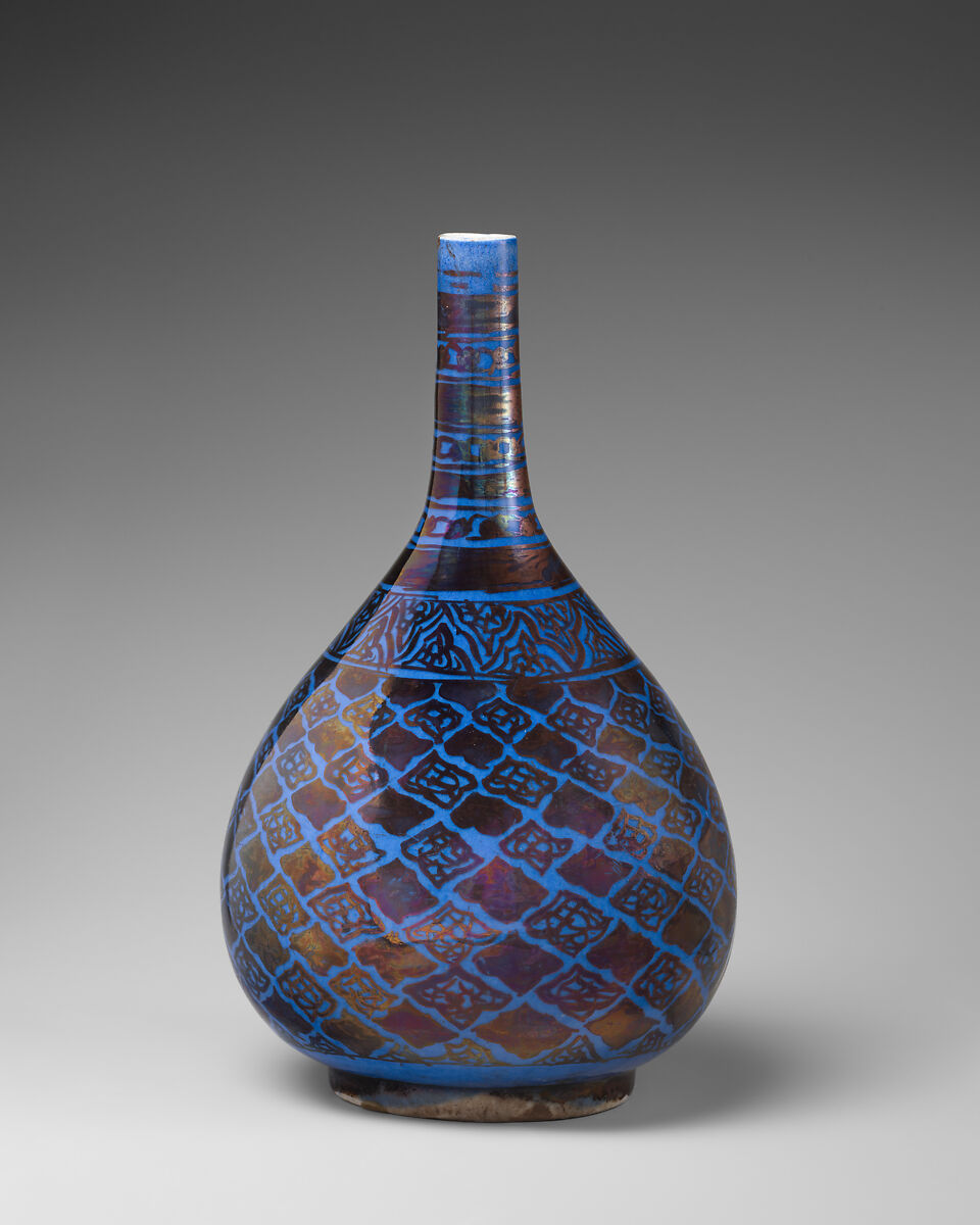 Bottle, Stonepaste; luster-painted on opaque blue glaze under transparent colorless glaze