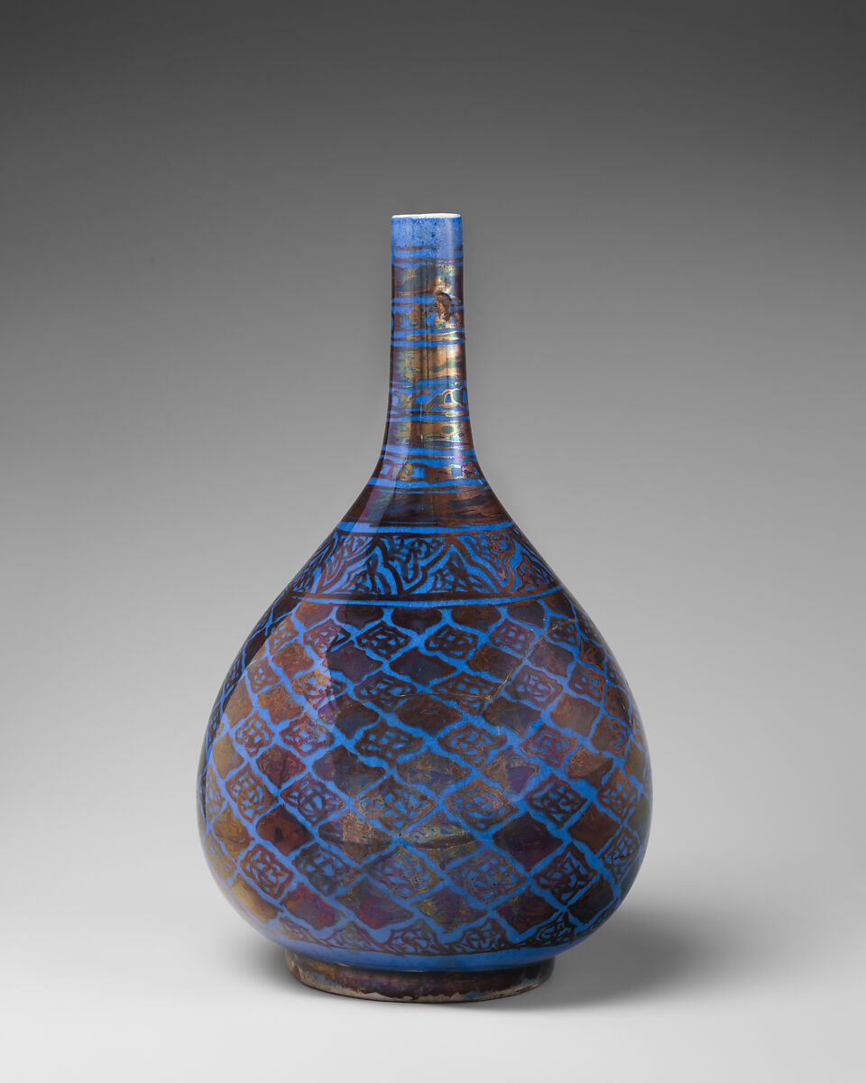 Bottle, Stonepaste; luster-painted on opaque blue glaze under transparent colorless glaze