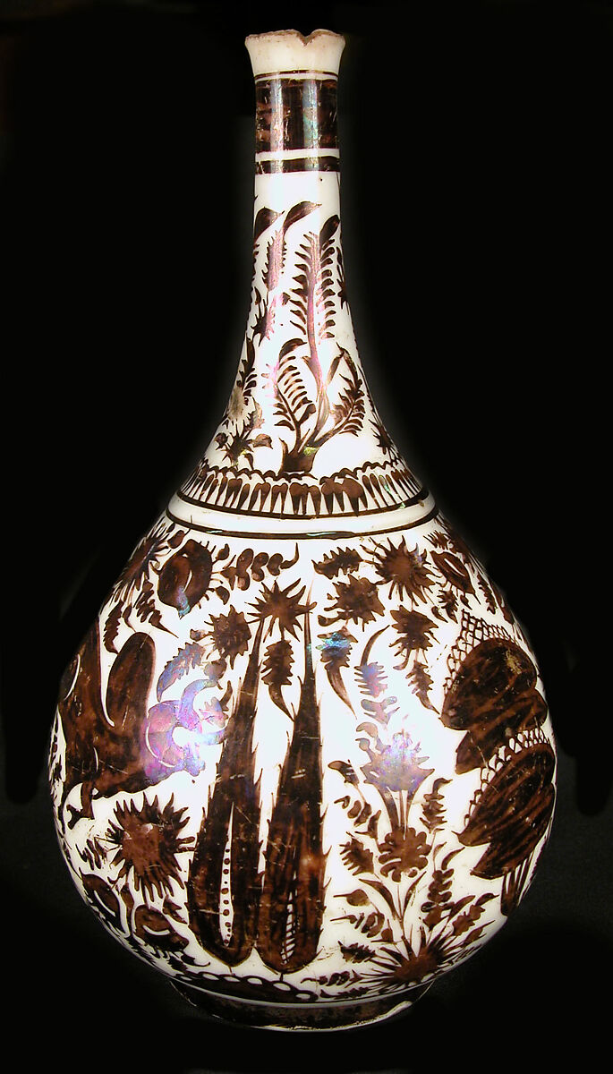 Pear-Shaped Bottle with a Bullock Design, Stonepaste; luster-painted on opaque white glaze