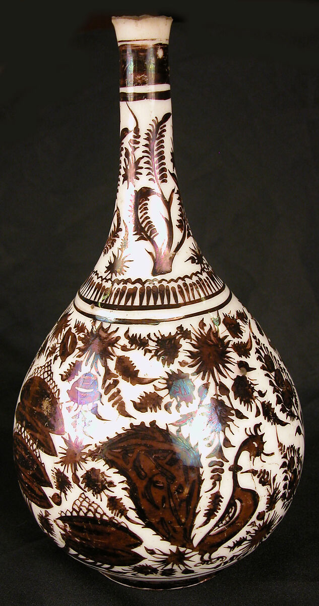 Pear-Shaped Bottle with a Bullock Design, Stonepaste; luster-painted on opaque white glaze