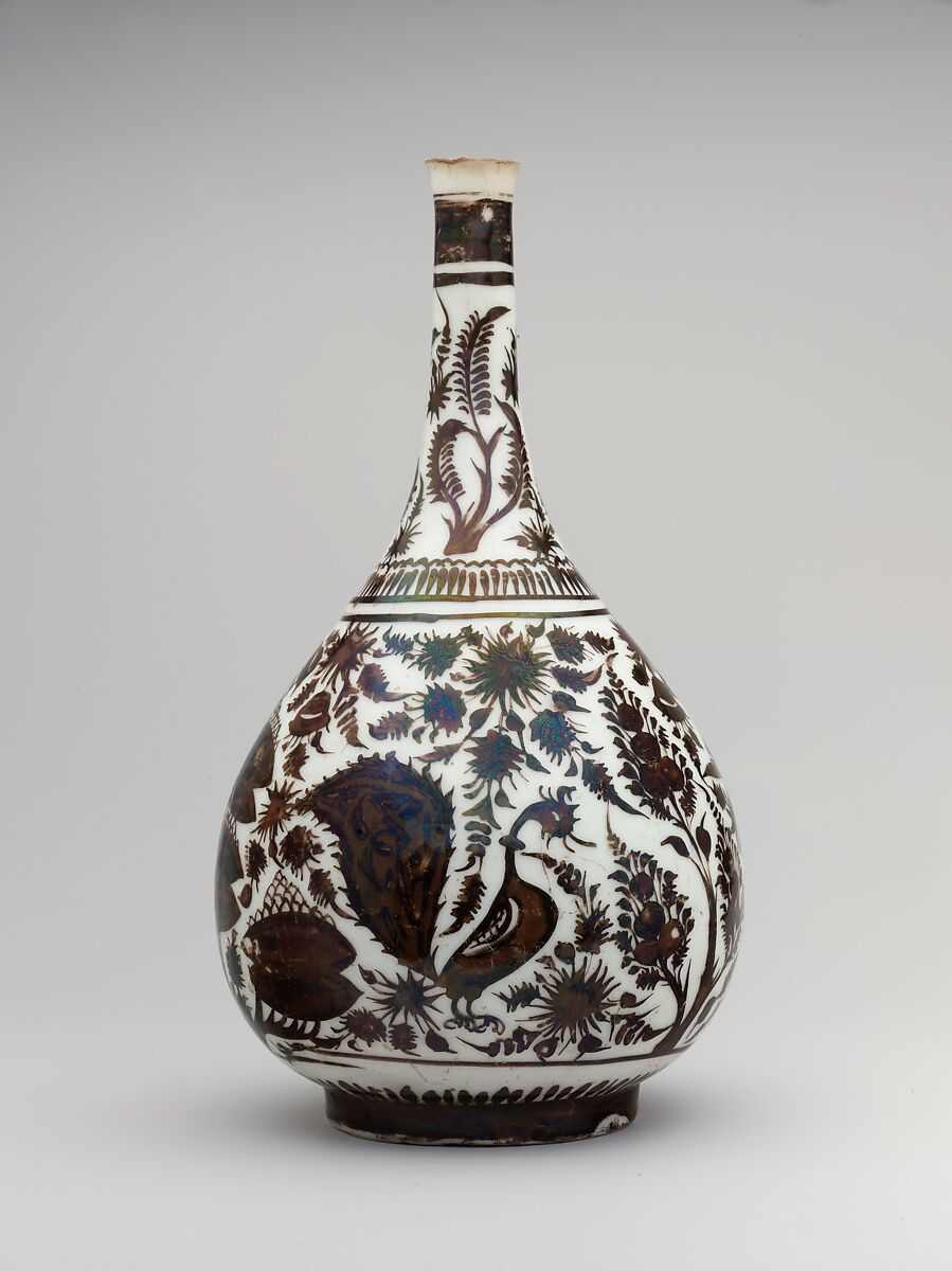 Pear-Shaped Bottle with a Bullock Design, Stonepaste; luster-painted on opaque white glaze