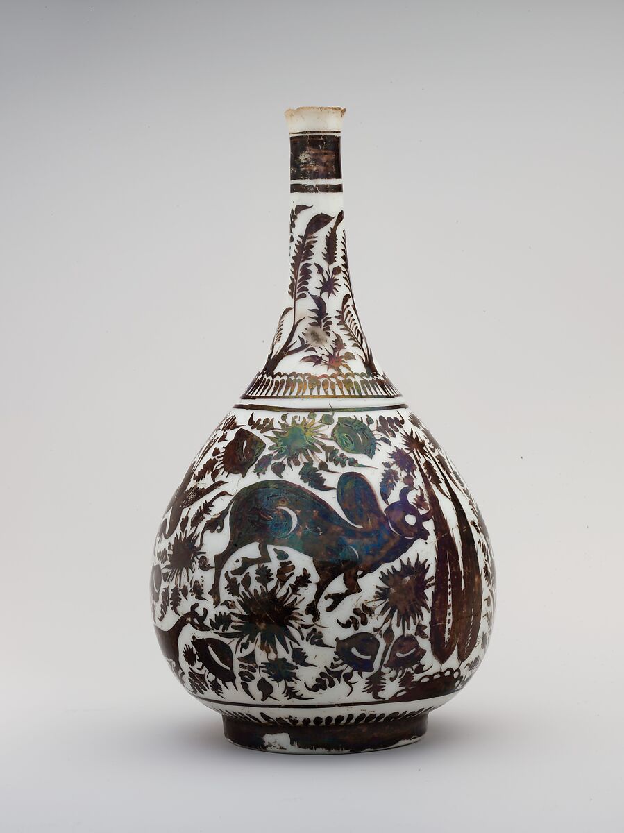 Pear-Shaped Bottle with a Bullock Design, Stonepaste; luster-painted on opaque white glaze 