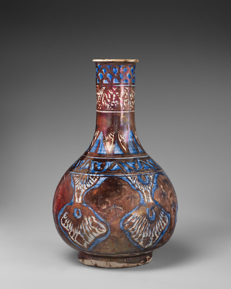 Bottle, Stonepaste; luster-painted on opaque white and blue glaze under transparent colorless glaze