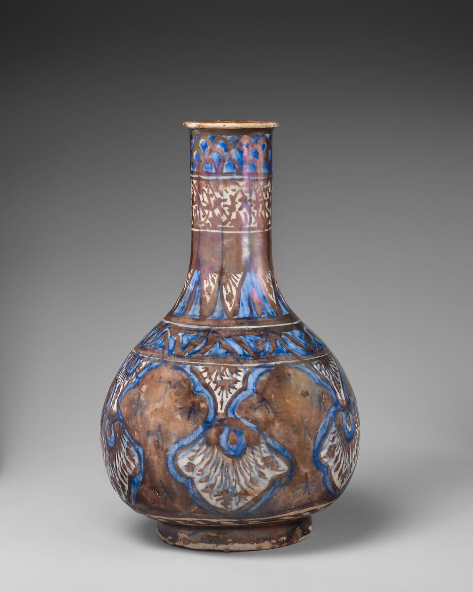 Bottle, Stonepaste; luster-painted on opaque white and blue glaze under transparent colorless glaze
