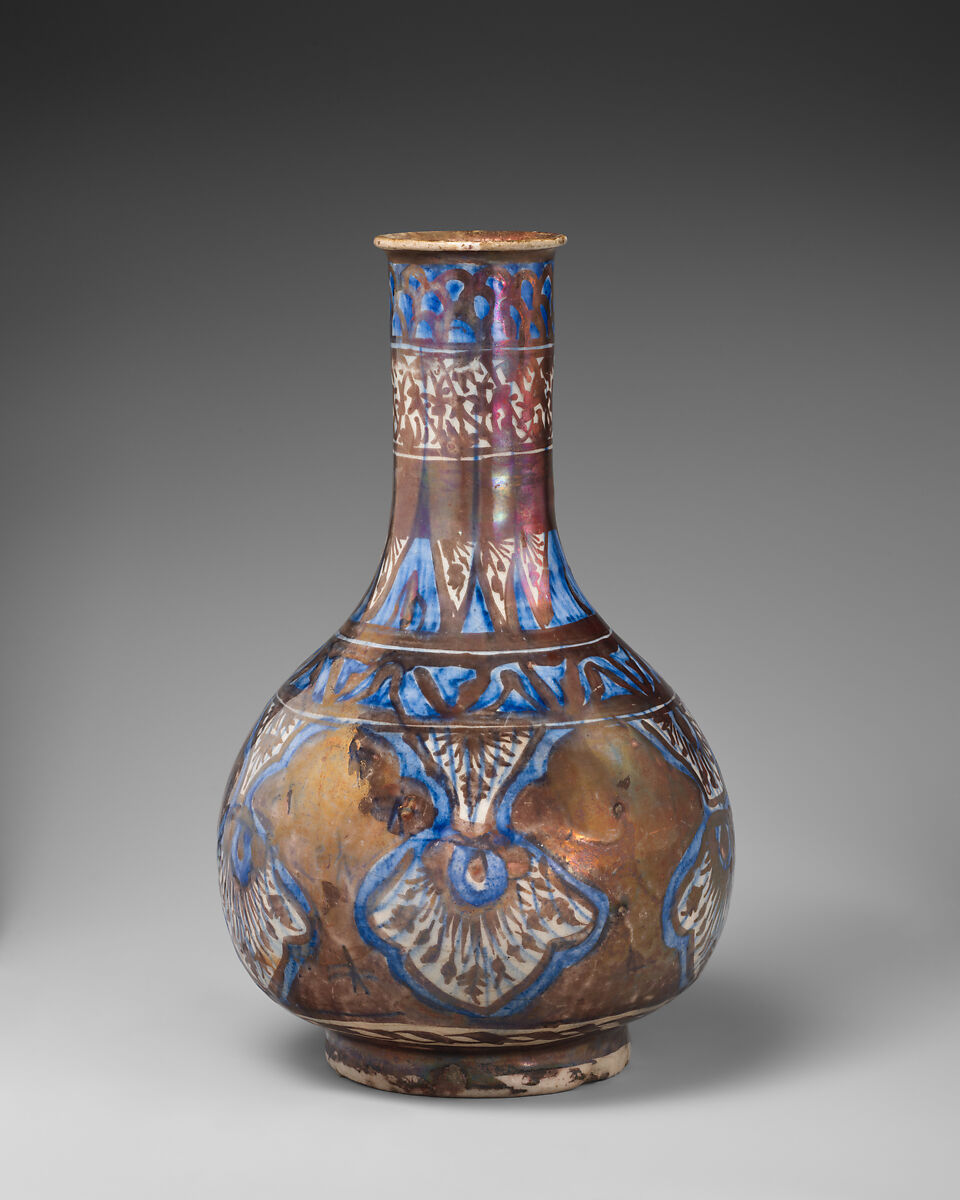 Bottle, Stonepaste; luster-painted on opaque white and blue glaze under transparent colorless glaze