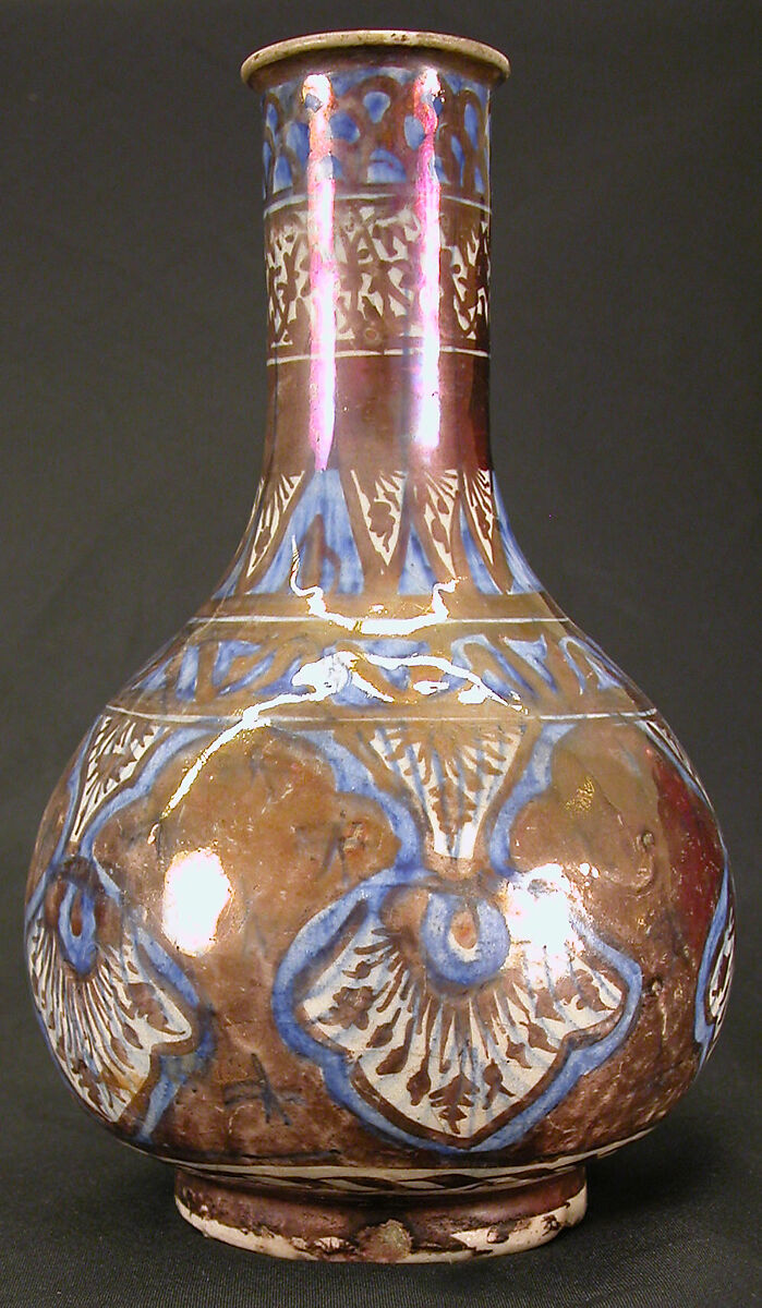 Bottle, Stonepaste; luster-painted on opaque white and blue glaze under transparent colorless glaze