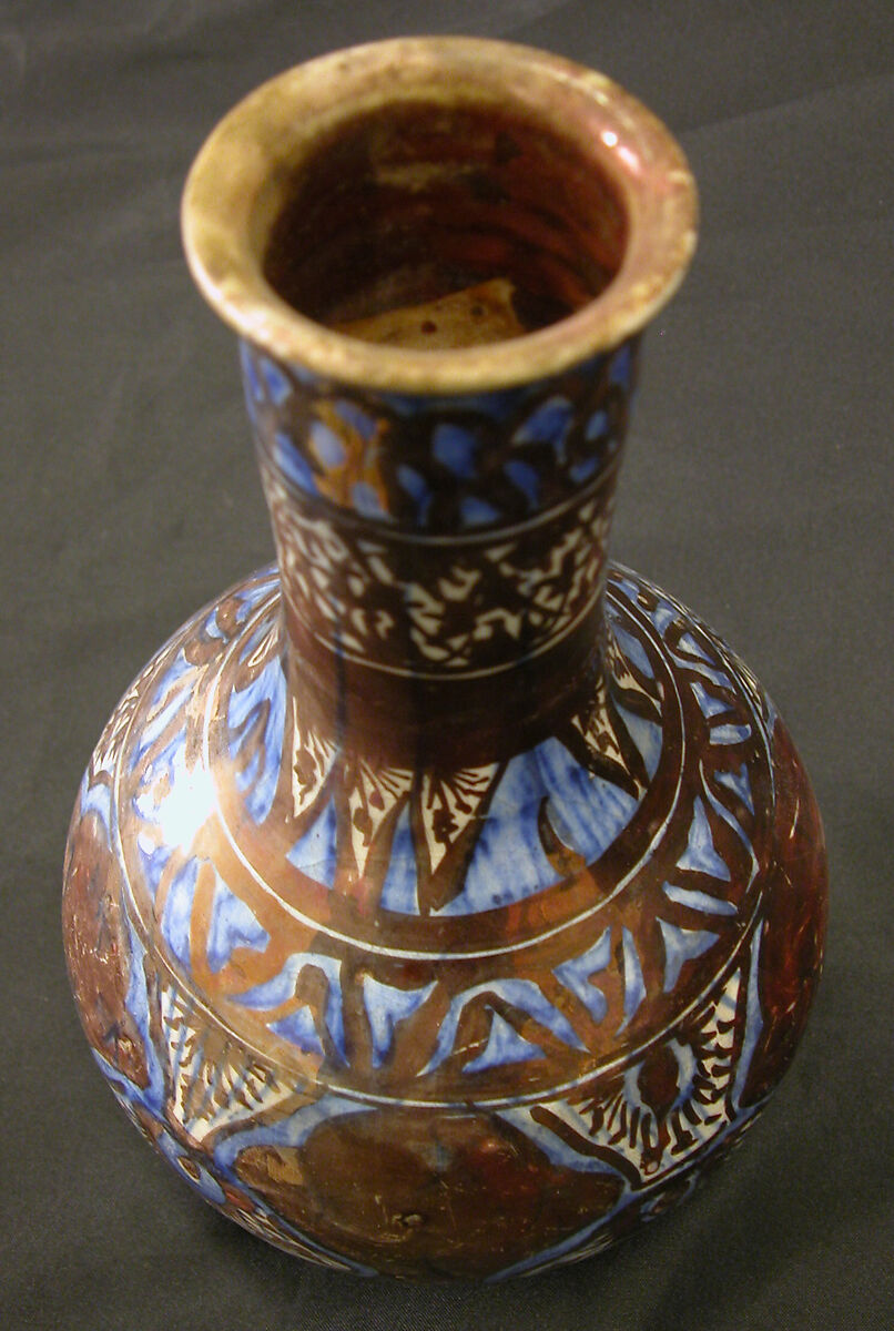 Bottle, Stonepaste; luster-painted on opaque white and blue glaze under transparent colorless glaze