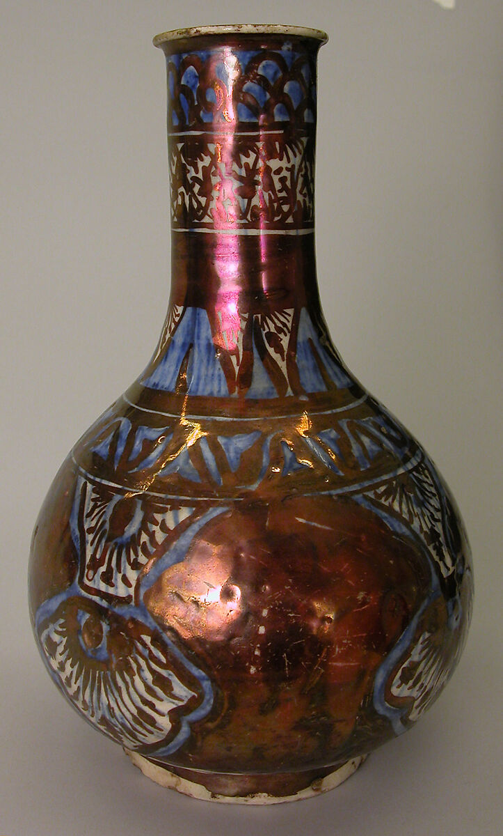 Bottle, Stonepaste; luster-painted on opaque white and blue glaze under transparent colorless glaze