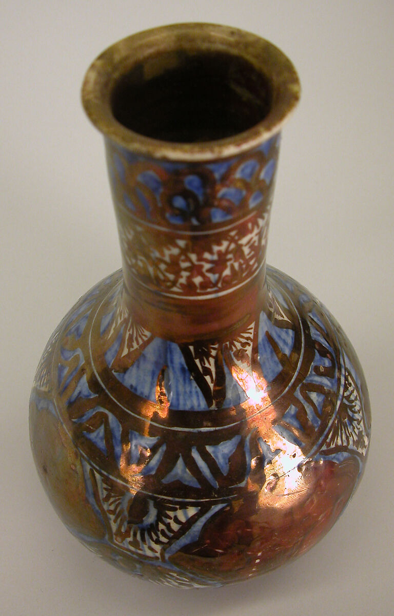 Bottle, Stonepaste; luster-painted on opaque white and blue glaze under transparent colorless glaze