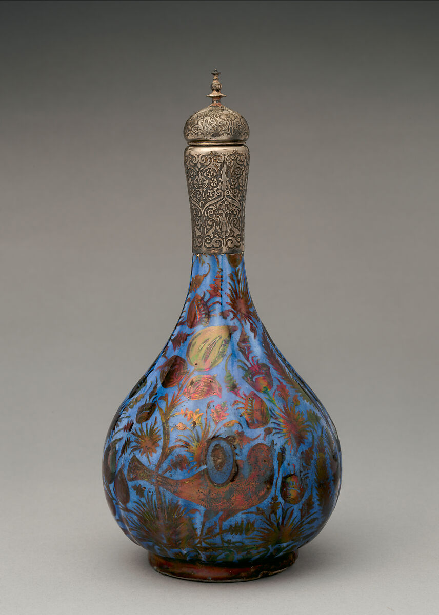 Bottle, Stonepaste; luster-painted on opaque blue glaze, with silver fitting