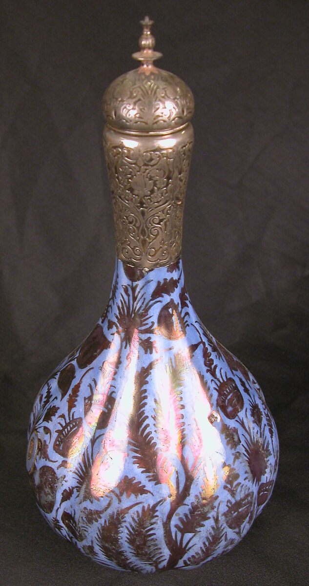 Bottle, Stonepaste; luster-painted on opaque blue glaze, with silver fitting