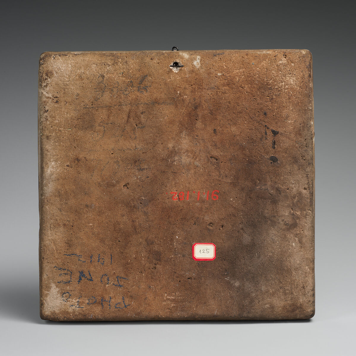 Square Tile Depicting a Horseman Killing a Dragon, Stonepaste; molded and polychrome painted under transparent glaze