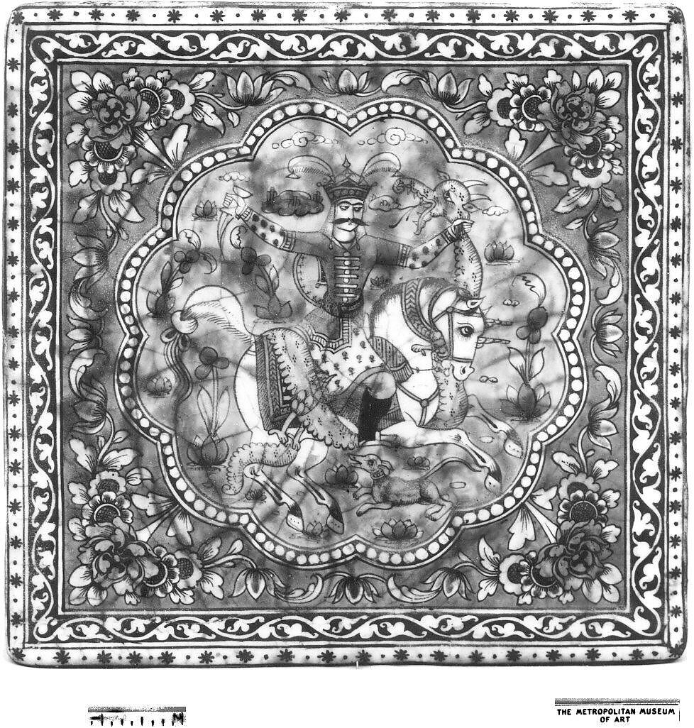 Square Tile Depicting a Horseman Killing a Dragon, Stonepaste; molded and polychrome painted under transparent glaze