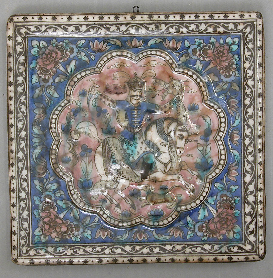 Square Tile Depicting a Horseman Killing a Dragon, Stonepaste; molded and polychrome painted under transparent glaze 