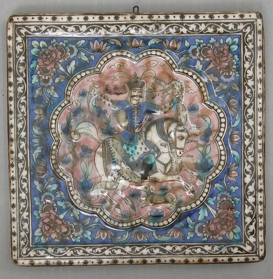 Square Tile Depicting a Horseman Killing a Dragon, Stonepaste; molded and polychrome painted under transparent glaze