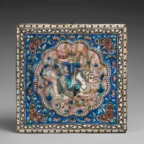 Square Tile Depicting a Horseman Killing a Dragon