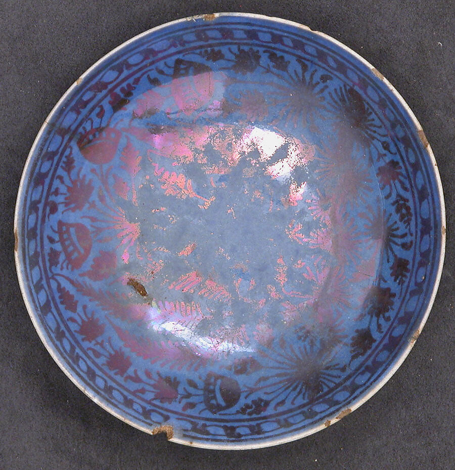 Dish, Stonepaste; luster-painted on opaque blue and white glaze under transparent colorless glaze